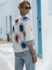 SHEIN Holidaya Women's V-Neck Printed Loose T-Shirt For Vacation, Summer - Multicolor - View 2