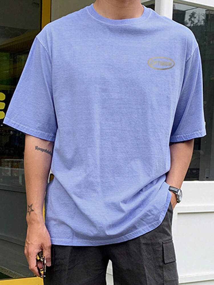 Men's Blue Letter Print Short Sleeve T-Shirt, Summer
