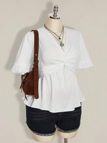 SHEIN ICON 大码女式纯色扭结纹理荷叶边袖上衣 - 白色 - 查看 3