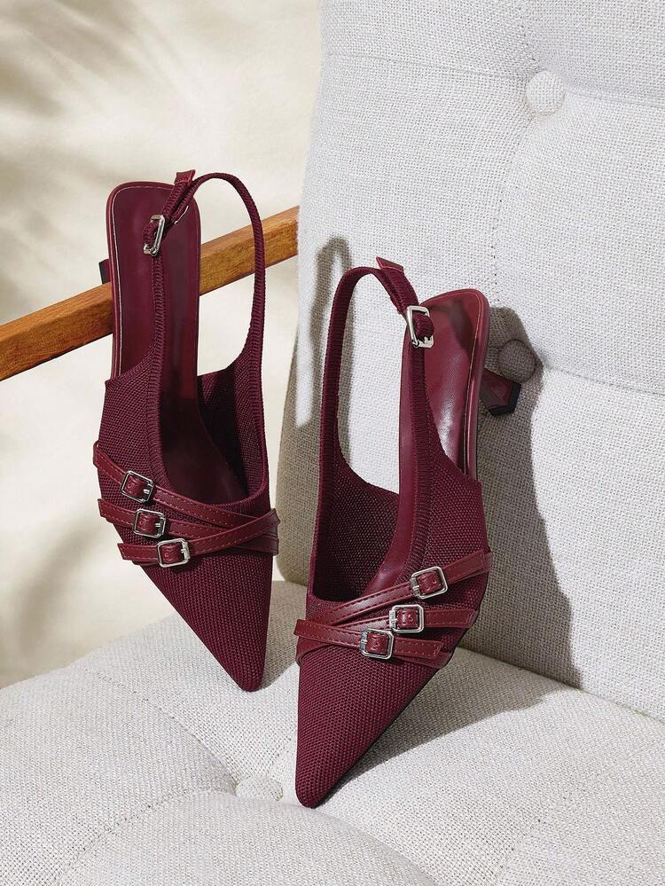 CUCCOO BASICS Women Shoes Women's Pointed Kitten Heel Burgundy Knitted Surface Multi-Strips Crossed Slingback Fashion Commuting Daily Comfort Versatile Women's High Heels Shoes Women's Shoes