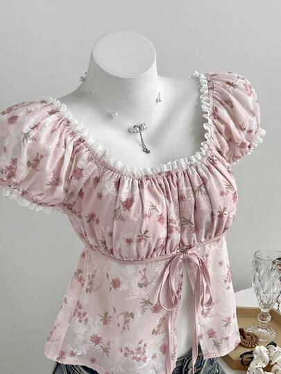 Elamini 女士粉色碎花方领蕾丝边腰部蝴蝶结短袖衬衫，适合海滩、野餐等场合，百搭款式