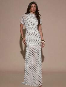 SHEIN BAE Đầm thanh lịch, màu trắng, cổ tròn, tay ngắn, dáng ôm sát, viền bèo nhún, in họa tiết chấm bi đen. - trắng - Xem 5
