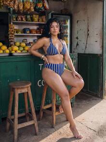 Plus Size Striped Bikini Set With Halter Neckline And Knotted Open Back - Blue - View 6