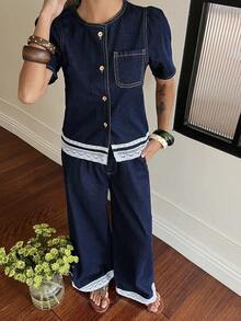 DAZY 女士休闲度假风宽松短袖衬衫搭配长款直筒牛仔裤套装，春夏款 - 深色水洗藍 - 查看 1