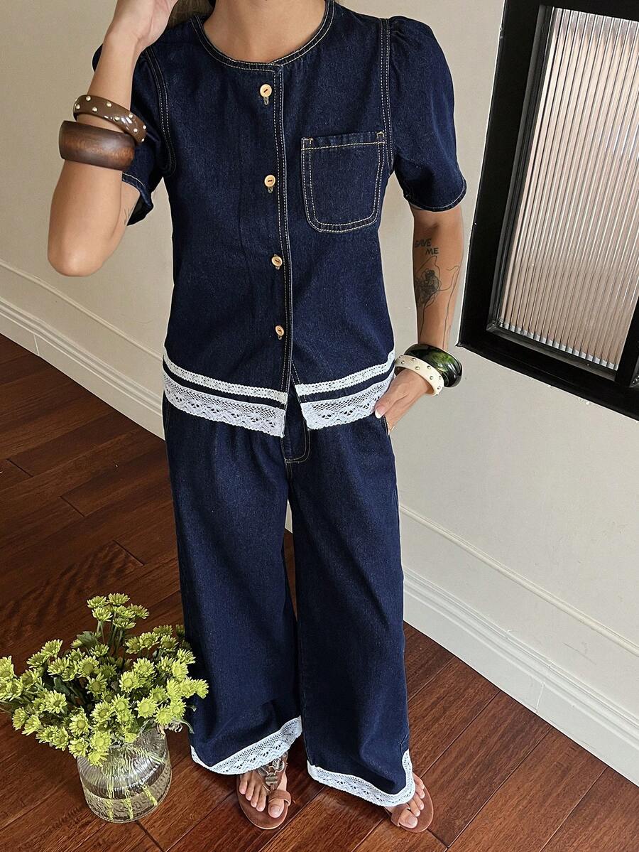 DAZY 女士休闲度假风宽松短袖衬衫搭配长款直筒牛仔裤套装，春夏款 - 深色水洗藍 - 查看 1