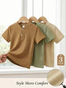 SHEIN Playful Pals 3 áo thun polo Henley ngắn tay cho bé trai, phong cách Quiet Luxury, kiểu dáng tiện dụng thanh lịch, màu khaki tông rừng, gân nổi, cài nút, chất mềm nhẹ, mặc thường ngày, đi lễ, đi chơi, mùa hè xuân thu - Nhiều màu - Xem 10