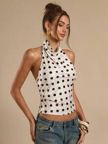 SHEIN BAE Áo hai dây hở lưng in chấm bi phong cách thường ngày dành cho nữ, thích hợp cho kỳ nghỉ hè. - trắng - Xem 5