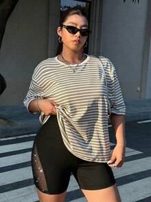 Muchica Plus Size Women Rhinestone Mesh Patchwork Elastic Waist Shorts,For Daily Commute,Date, Commute, Party,Fall /Autumn/Winter/Summer,Christmas,New Year,Thanksgiving,Party,Wedding,Beach,Beach Fashion,Graduati,Chic,Sports,Casual,Going Out,Date,Appointment,Commute,Shining,Valentine's Day,Vacation,Casual,Y2k,Going Out,Graduation,Business,Festival - Black - View 5