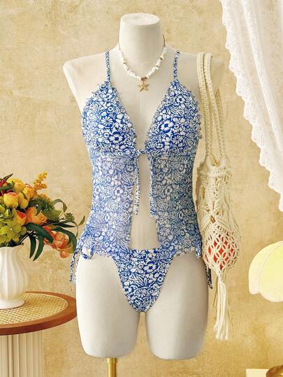 Bellisia 女士泳衣套装，网纱拼接花卉印花系带款，夏季度假沙滩两件套