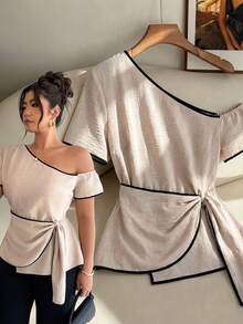 Elenzga Plus Size Women Elegant Asymmetric Hem Patchwork Color Block Short Sleeve Blouse - Apricot - View 1