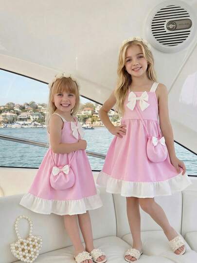 Elladie kids Young Girls Bowknot Ruffle Hem Summer Dress, 1pc,,Pink Dress,Grace Note