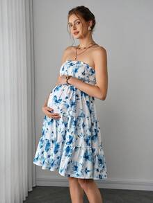 SHEIN 印花褶皱孕妇抹胸连衣裙，时尚百搭，适合约会和派对 - 藍白色 - 查看 2