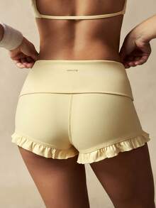 VARSIVA Women's Solid Color Ruffle Hem Sports Shorts, Summer - Yellow - View 10
