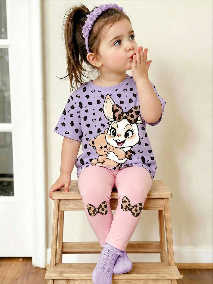 2pcs/Set Baby Girls Cute Rabbit & Leopard Print Top And Leggings Set,Summer Casual Purple Family Matching Round Neck T-Shirt And Skinny Pants Outfit - White - View 1