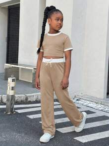 Tween Girls Knit Patchwork Crew Neck Short Sleeve Sports Set - Khaki - View 2