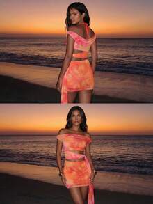 SHEIN LUNE Women's Knitted Hollow Out Mesh Printed Dress,Orange Floral Summer Casual Tropical Beach Vacation Outfit,Bohemian Resort Ladies Bikini Cover Up - Orange - View 5