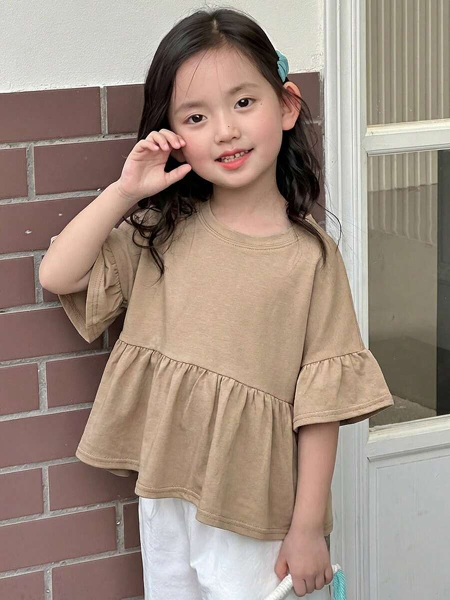 Dazy Kids 女童（小号）圆领针织短袖T恤，夏季 - 卡其色 - 查看 1