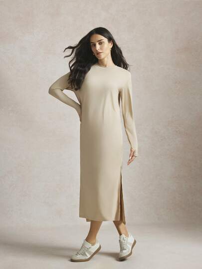 Activina 女士纯色圆领长袖侧开衩下摆休闲运动连衣裙