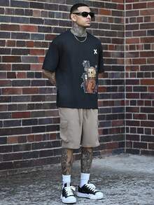 Devon Thys Áo thun nam tay ngắn, vai rớt, in hình hoạt hình, kiểu dáng thường ngày, thích hợp cho mùa hè. - màu đen - Xem 1