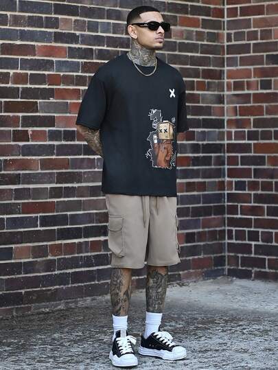 Devon Thys 男士休闲卡通图案短袖落肩T恤，夏季款