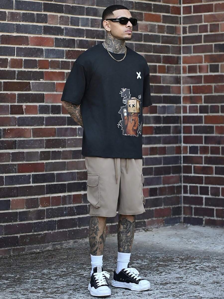 Devon Thys Áo thun nam tay ngắn, vai rớt, in hình hoạt hình, kiểu dáng thường ngày, thích hợp cho mùa hè. - màu đen - Xem 1