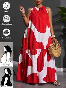 SHEIN CURVE+ Đầm dài ngang gối in họa tiết, dáng rộng thoải mái, phù hợp mặc hàng ngày, đi nghỉ mát và đi làm, mẫu đầm dài cơ bản dành cho nữ. - màu đen - Xem 3