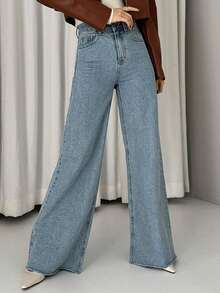 DAZY Women's Solid Color Wide Leg Long Denim Jeans, Suitable For Long Legs - Medium Wash - View 5