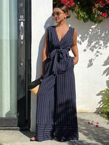 DAZY 春夏休闲度假风沙滩装，宽松开衫衬衫搭配直筒条纹裤套装（女士款） - 藏蓝色 - 查看 2