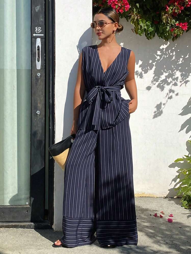 Spring & Summer Casual Vacation Style Beach Outfit, Loose Cardigan Shirt And Straight Leg Striped Pants Set For Women