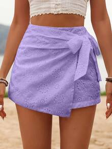 Glamine Váy ngắn nữ mùa hè thêu lỗ khuy, buộc dây bên hông - Màu tím - Xem 4