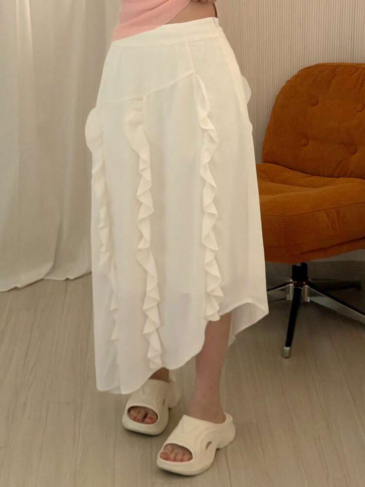 Women's Casual Asymmetrical Hem Ruffle Hem A-Line Skirt, Suitable For Summer Vacation