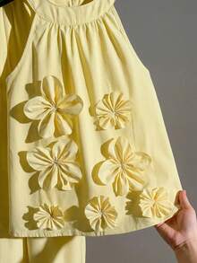 SHEIN 少女无袖条纹3D立体花卉装饰休闲T恤套装，夏季 - 黃色 - 查看 6