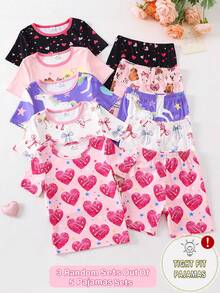[2 Sets Random] Baby Girls Sweet Y2K Pink Heart Animal Cartoon Print Round Neck Short Sleeve & Shorts Summer Soft High Stretch Snug Fit Pajamas - Pink - View 6