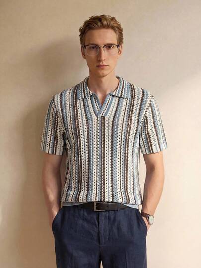 Manfinity CityGents Men's Striped Polo Collar Short Sleeve Casual Knit Top Men's Fashion Hollow Striped Knit Polo Shirt, Lightweight Breathable Short Sleeve Sweater, Versatile Knit Top, Casual & Comfortable For Men In Summer Comfortable Breathable Lightweight Knit Top For Casual Wear, Suitable For Vacation And Valentine's Day