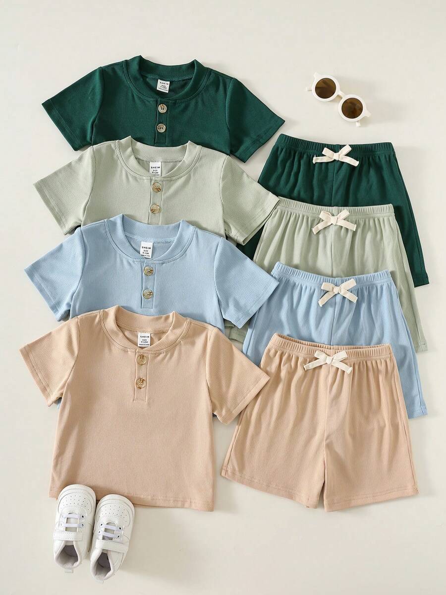 SHEIN 8件套男/女婴舒适休闲日常百搭纹理短袖T恤短裤套装,适合春夏穿着,日常穿着、运动、郊游、上学、聚会、节日、拍照、度假等场合。 - 彩色 - 查看 1