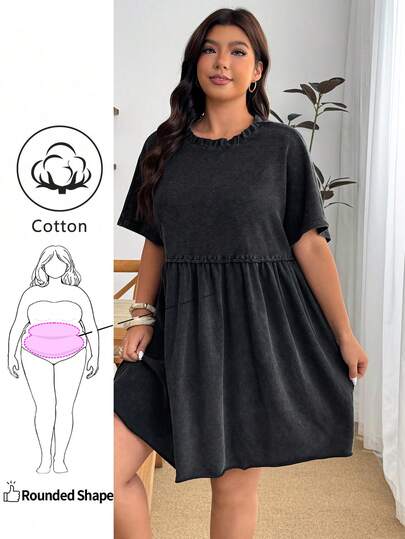 Enliva Đầm thun nữ cỡ lớn kiểu dáng thường ngày, đầm bạc màu rách rưới, đầm tay ngắn dáng rộng, đầm đen dễ thương, áo babydoll đen.