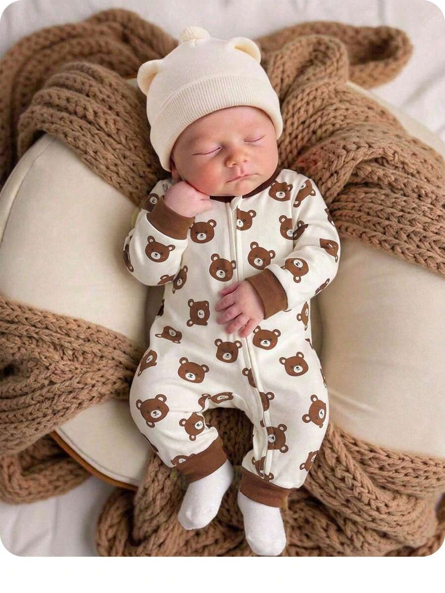 Newborn Baby Bear Print Zipper Front Long Sleeve Romper - Khaki - View 1
