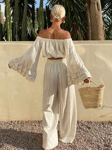 DAZY 女士露肩荷叶边宽松度假沙滩两件套 - 卡其色 - 查看 6