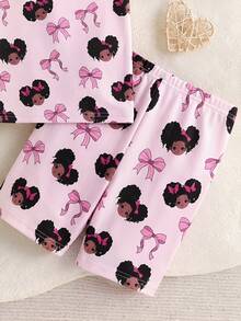 SHEIN 2pcs Baby Girl Knitted Cute Girl Pattern Round Neck Bodysuit And Shorts Homewear Set - Multicolor - View 3
