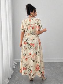 Elenzga Vestido de lunares con volantes y estampado floral de cuello en V talla grande, estilo de vacaciones, estilo maduro, estilo campestre - Multicolor - Ver 2