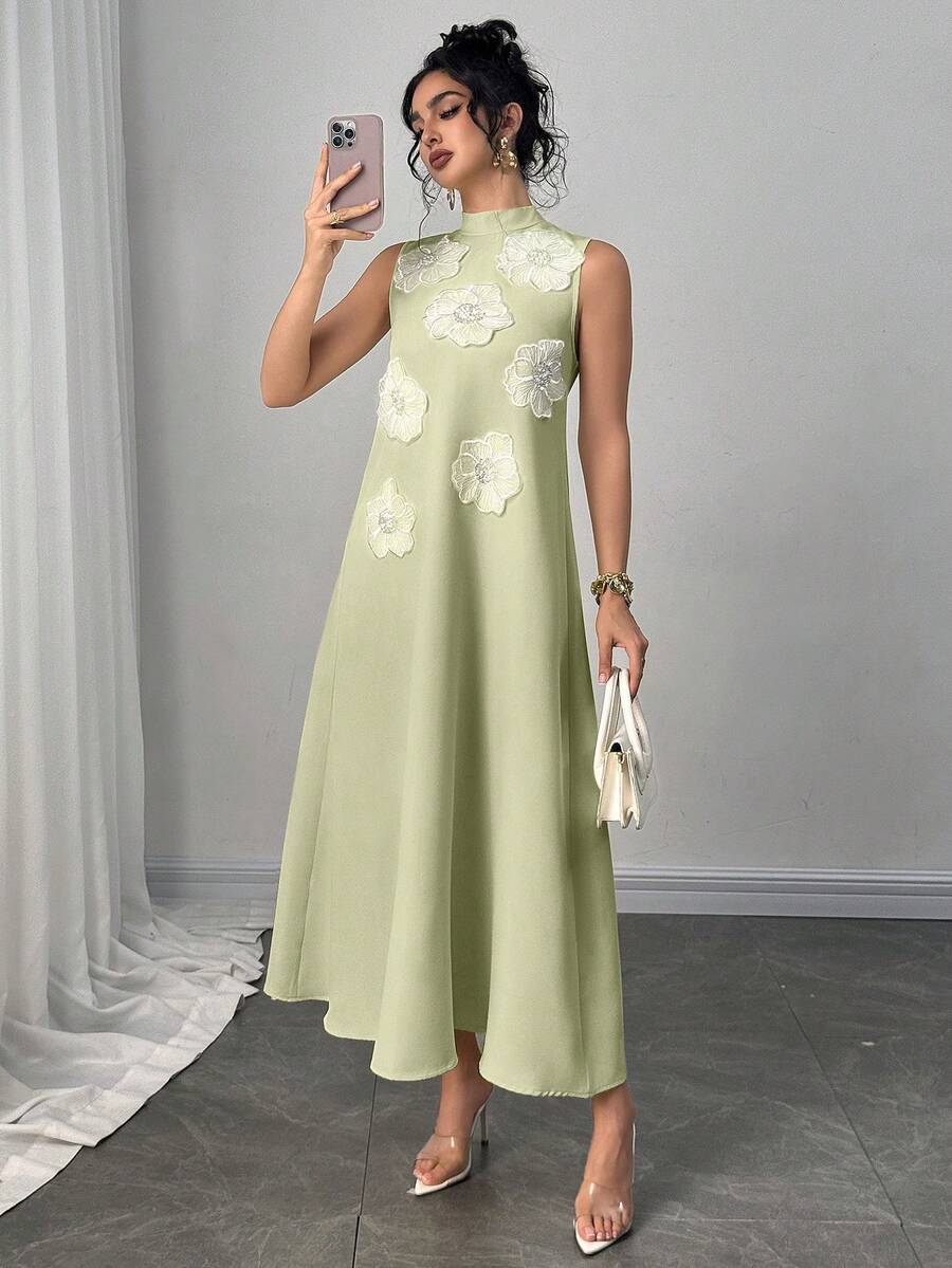 Modelyn 女士时尚优雅奢华3D立体花卉宽松长款A字连衣裙,浅黄色 - 綠色 - 查看 1