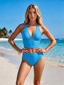 Sylviya 女士V领纯色可调节肩带露背吊带背心和比基尼套装，浪漫海滩度假泳装两件套 - 藍色 - 查看 6