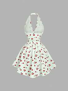 MOD Vestido de mujer con cuello halter, cintura fruncida y estampado de cerezas - Azul marino - Ver 10