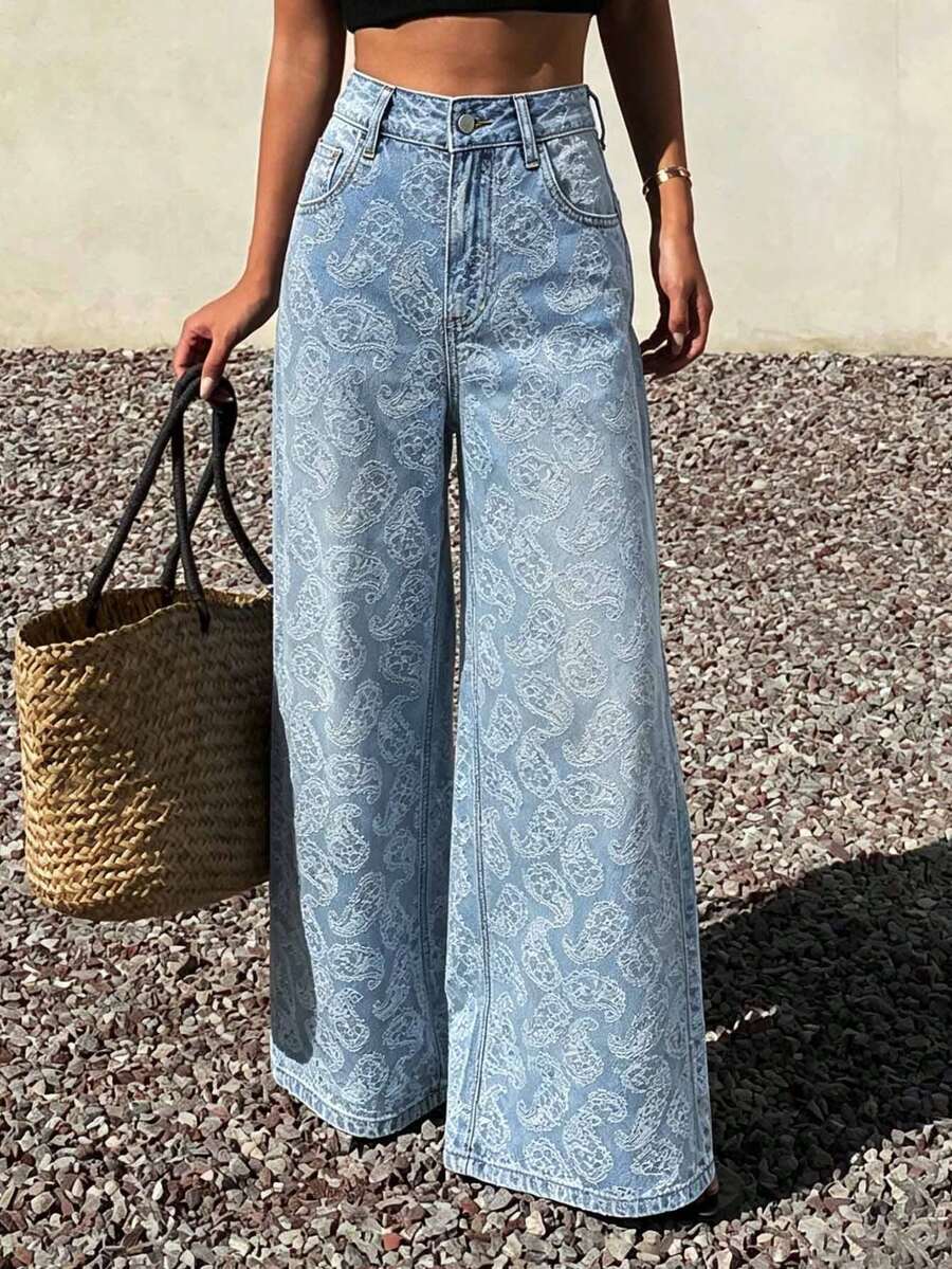 Livesso Jeans de uso diario versátil y casual con bolsillos y botones con estampado total para mujer - Azul - Ver 1
