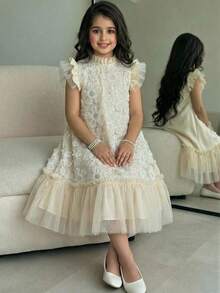 SHEIN Tween Girls White Floral Embroidered Mesh Patchwork Princess Dress,Elegant Summer Holiday A-Line Formal Gown,Wedding Guest Outfit For Al-Adha - Champagne - View 3