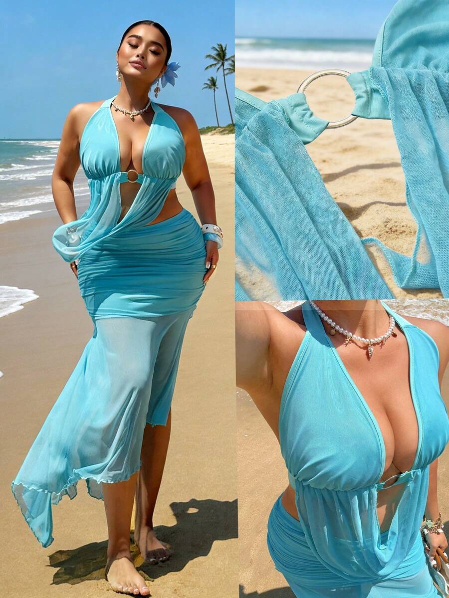 Sunnyshic Damen Große Größen 2 Stücke Set, hochdehnbares blaues Mesh Cami Top und körperbetonter Mini-Rock, sexy Outfit für Ausgehen, Strand, Urlaub, Casual - Schwarz - Übersicht 1
