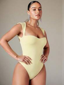 Silquee Body moulant sexy à col carré et dos nu pour femmes, couleur unie - Jaune clair - Voir 2