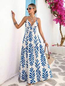 Vivid Eden Đầm maxi nữ họa tiết cây cỏ, kiểu dáng thường ngày, thích hợp cho kỳ nghỉ. - Màu xanh lam - Xem 3