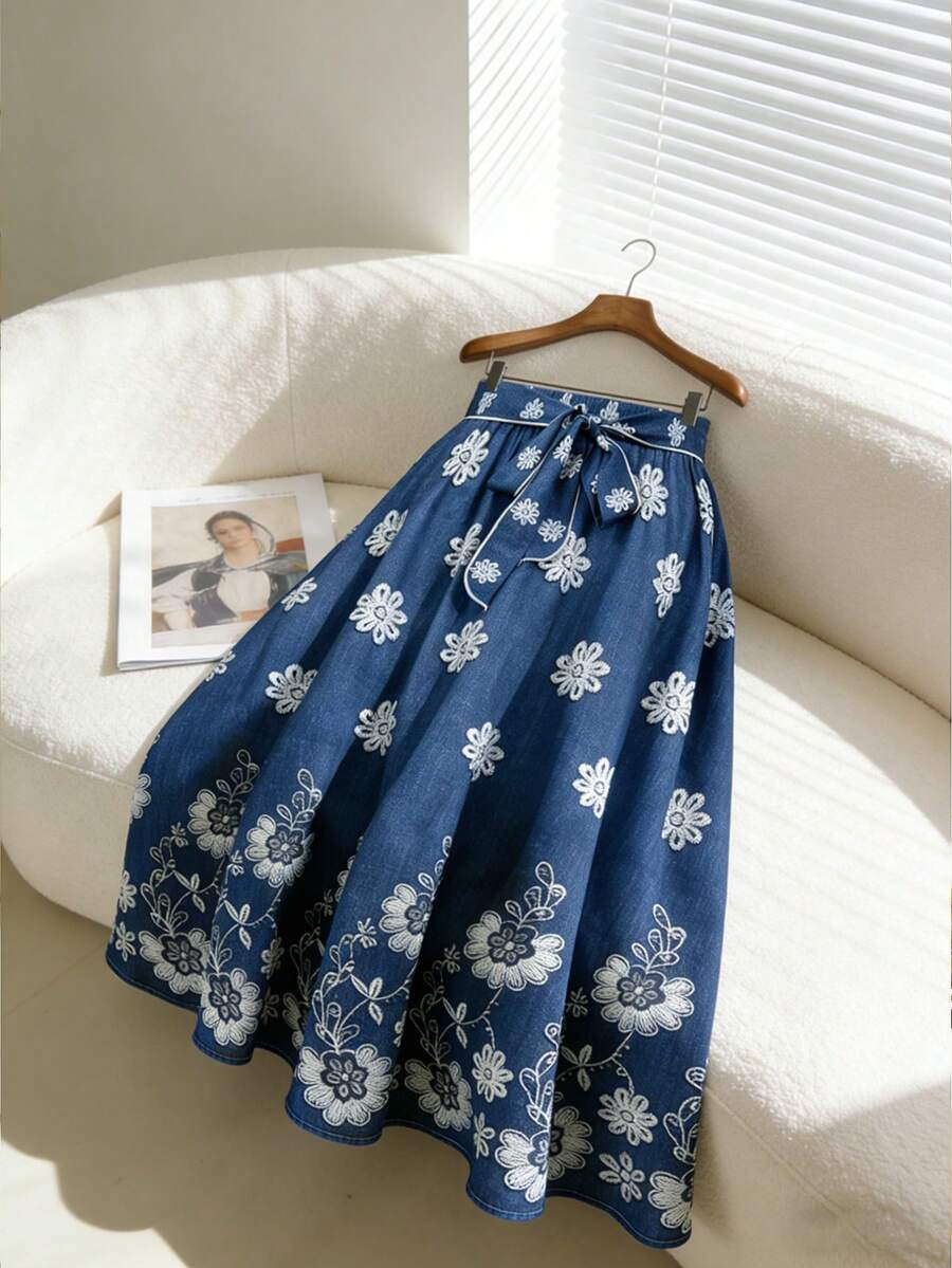 Franclia Chân váy nữ mùa hè giản dị, tối giản, đa năng, dáng rộng, thắt eo, buộc nơ. - Màu xanh lam - Xem 1