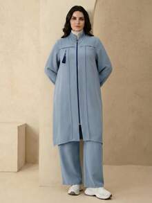 Modelyn 优雅纯色拉链长袖外套套装，阿拉伯风格女装，秋冬款 - 霧霾藍 - 查看 5
